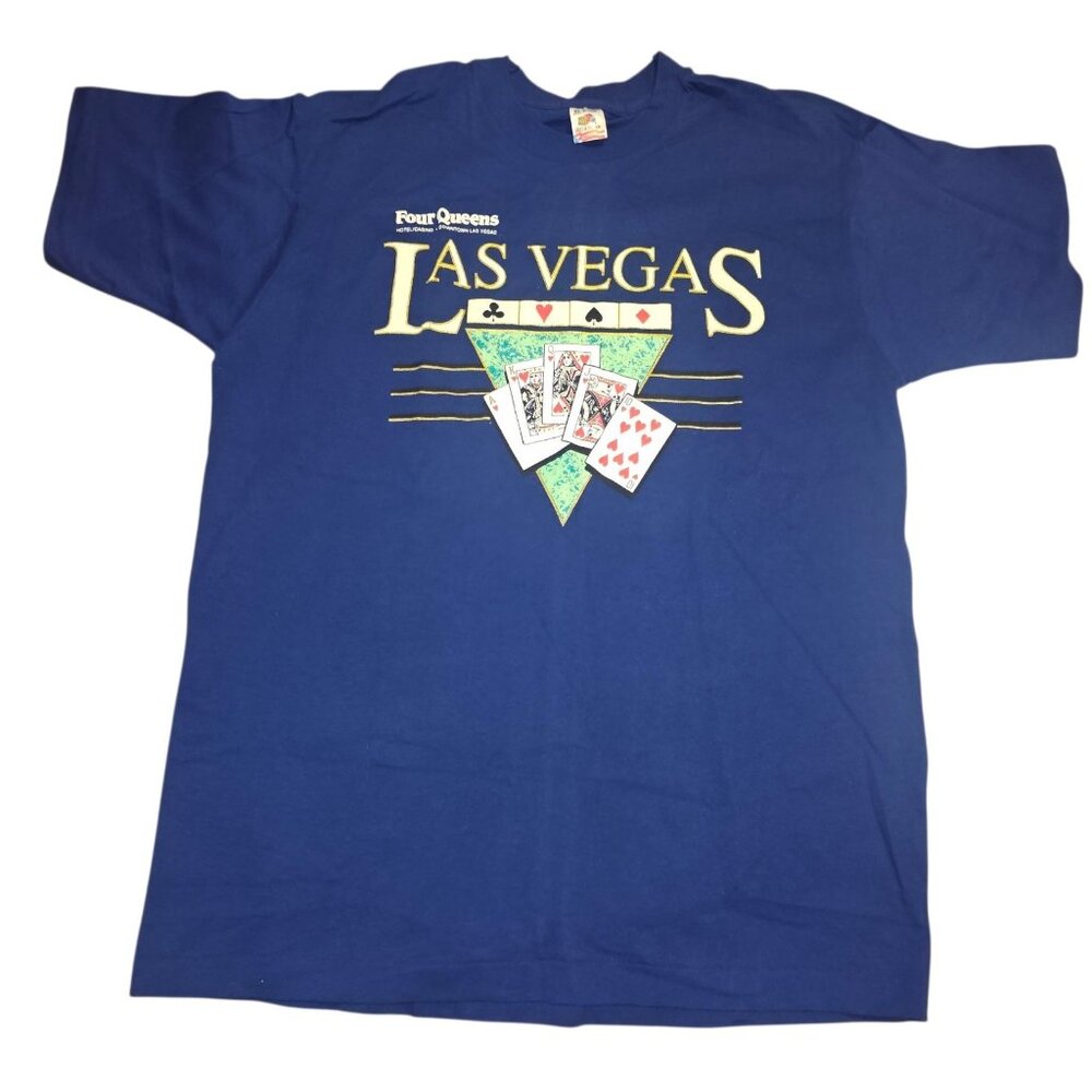 VTG 90s Four Queens Casino Hotel Las Vegas Tshirt Blue Sz L Gambling Royal Flush